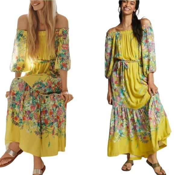 Anthropologie Dress Eliora Off-The-Shoulder Maxi Cottage Core Floral Yellow XS - Picture 17 of 17